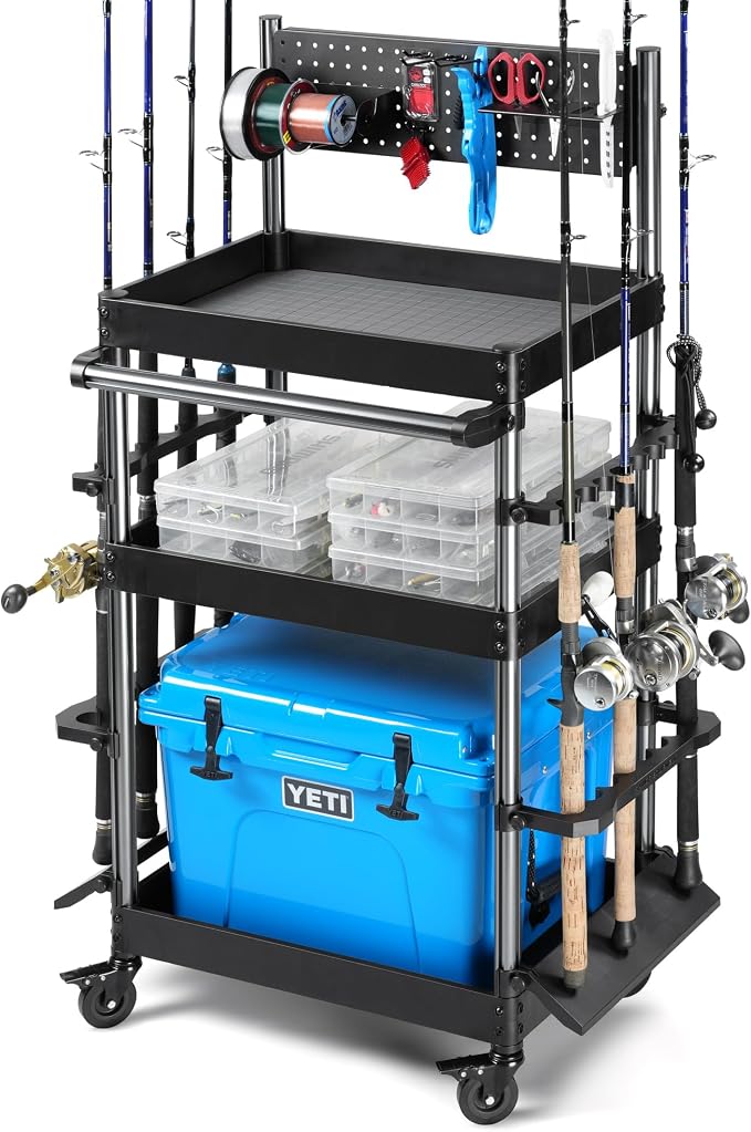 Savior Equipment Mobile Tackle Station Pro 16 Fishing Rod Holder Cart w/Wheels, Adjustable Rack For Different Rod & Reel, 3-Level Fishing Gear Storage Pole Organizer For Garage Home Indoor Use, Black