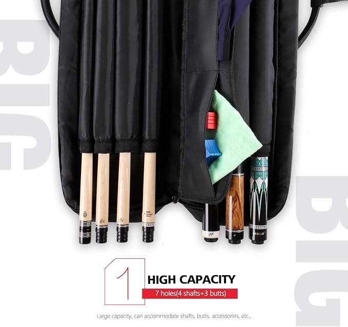 KONLLEN Pool Cue Case 3x4 Oxford Pool Stick Case Holds 3 Butts and 4 Shafts Billiard Sitck Large Capacity Carrying Cases with Multi-Pocket Pool Cue Accessories