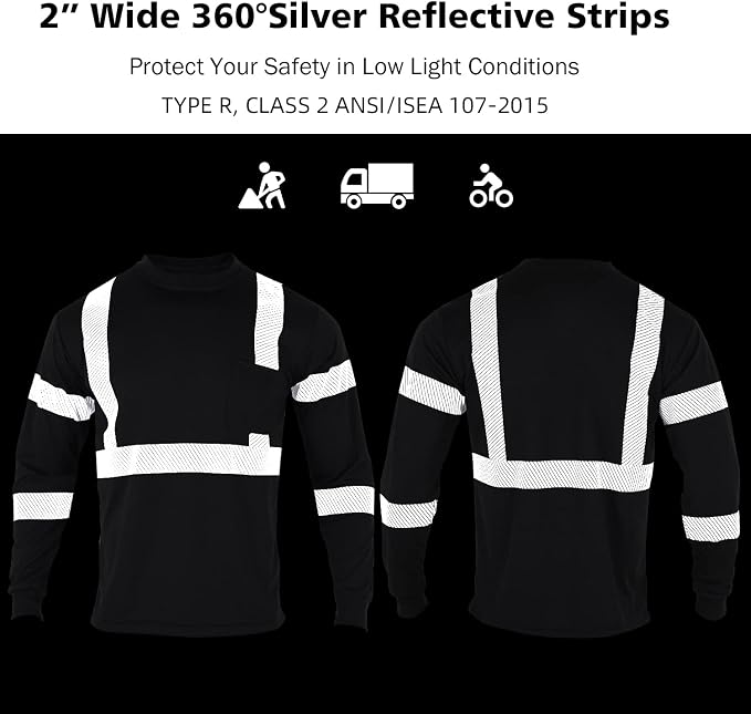 VENDACE 3 Pcs Safety T Shirts Reflective High Visibility Hi Vis Long Sleeve Construction Work Shirts for Men (Black,S)