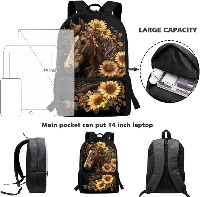 Sunflower Horse Backpack for Girls School Bag with Lunch Bag Pencil Case Water Bottle Holder Kids Bookbag 4 PCS Elementary Daypack Back to School Accessories