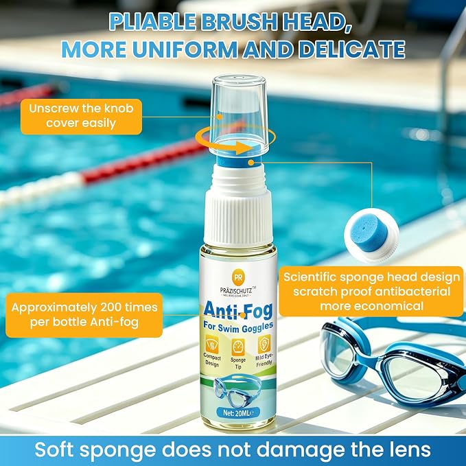 Anti-Fog for Swim Goggles, Clear Vision Mask Defogger, 2+ Hour Fog-Free Protection, Safe Formula with Sponge Applicator, for Snorkel, Diving & Ski Masks (20 ml)