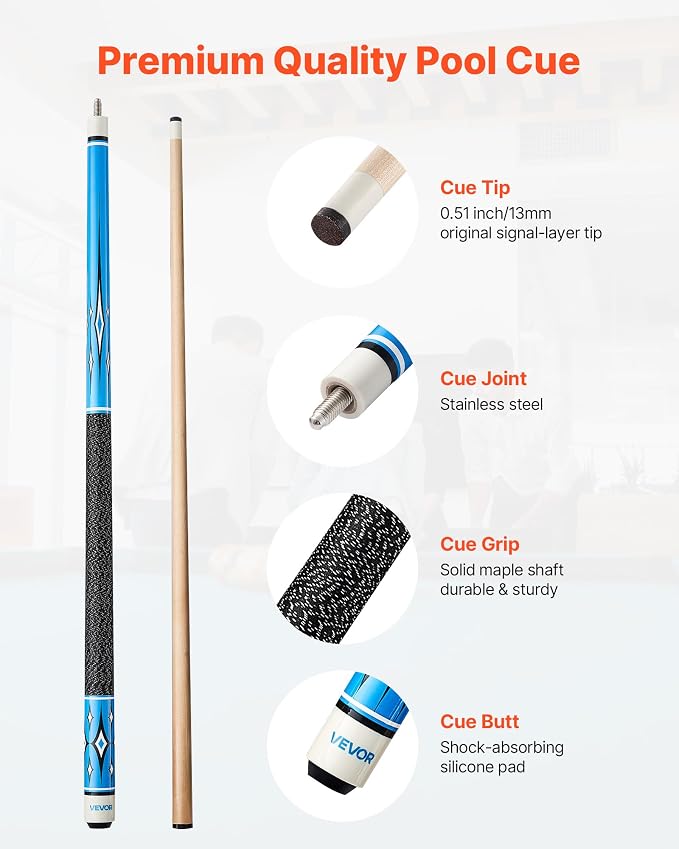 VEVOR Pool Cue, Pool Stick, 58 inch Billiard Pools Cue Stick with Multi-Layer Tip & ABS Connection Ring, Cues Sticks for Professional Pool Table, Bar, Home, Office
