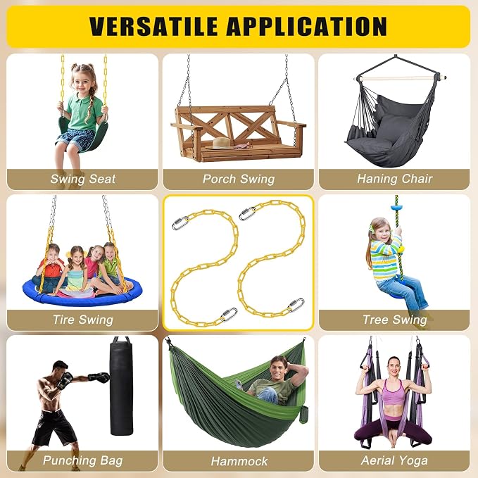 2Pcs 80" Swing Chain with Carabiners 1000 LBs Capacity Heavy Duty Coated Hanging Chains Porch Swing Chains with Hooks Yellow Chain for Hammock, Tree Swing, Hanging Chair, Heavy Bags, Swing Chair