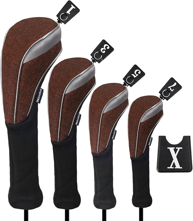 Andux 4pcs/Set Nylon Golf Wood Club Head Covers with Long Neck | for 460cc Driver Fairway Wood Club Silver Piping Pull-On Closure