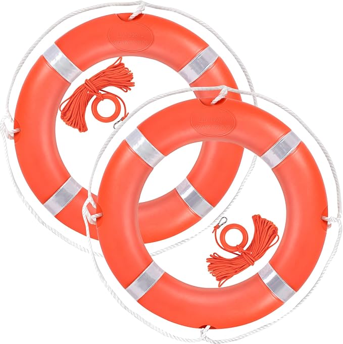 Life Preserver Ring 23"/28", Boat Safety Throw Rings with Bracket, Orange Buoy with Rope 98.5 FT and Reflective Tape for Boat