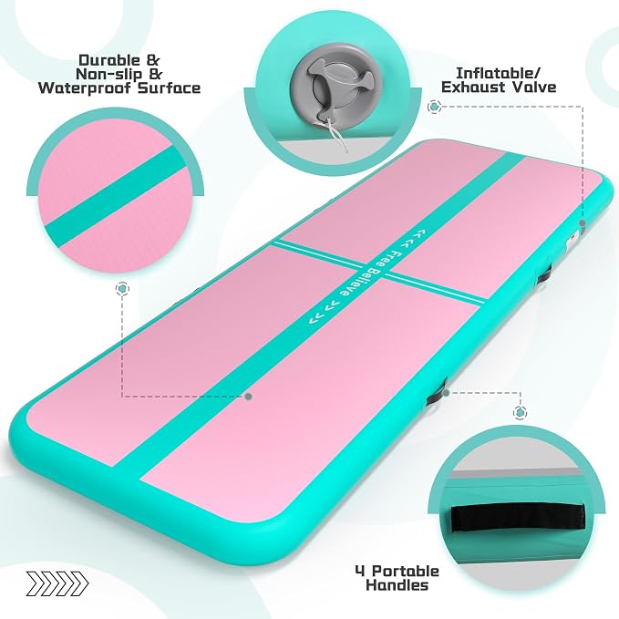 Pink Gymnastics Mat Inflatable Tumble Track Mats 10/13/16/20ft Training Mats for Home Air Mat for Kids with Pump 4”/6” Thick for Cheerleading/Yoga/Exercise/Parkour/Beach/Park/Water