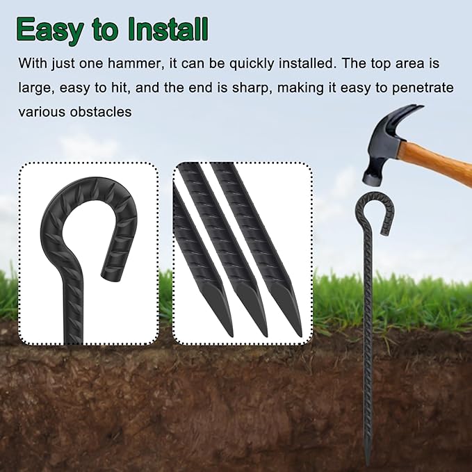36 Inch Rebar Stakes 1/2" Diameter 6 Pack Extra Long Tree Stakes | Heavy Duty Steel Ground Anchors with Loop for High Wind, Temporary Fencing, Greenhouse, Industrial Use, Black