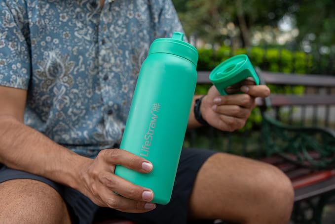 LifeStraw Go Series — Insulated Stainless Steel Water Filter Bottle for Travel and Everyday Use Removes Bacteria, Parasites and Microplastics, Improves Taste, 24 oz, Nordic Noir