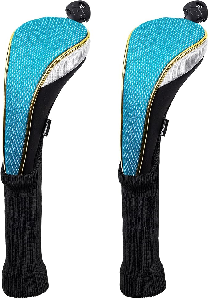 Andux 2Pcs/Set Long Neck Gold Golf Hybrids Club Head Covers with Dial No. Tag MT/HY13
