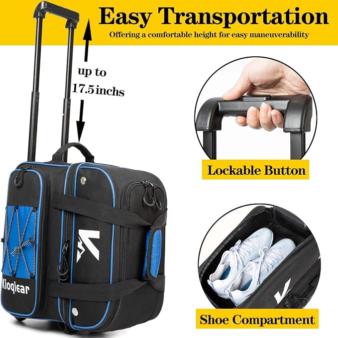 Double Roller 2 Ball Bowling Bag with Large Separate Shoe Compartment and Oversized Accessory Pocket, 36" Extendable Handle.
