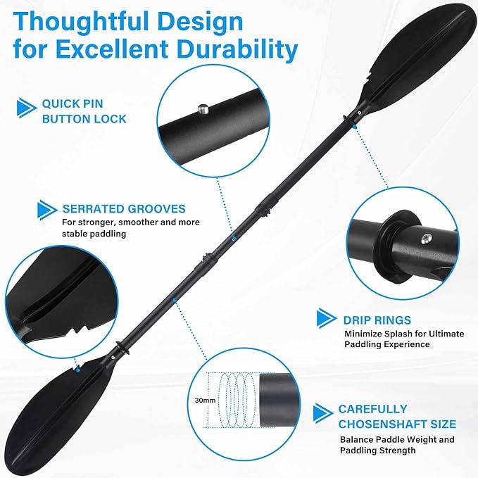 Quynhni- Standard Kayak Paddle,70-96inch Adjustable Kayak Paddle Sturdy Iron Shaft and Durable Polypropylene Blade 0/65° Blade Angle with Drip Loop.