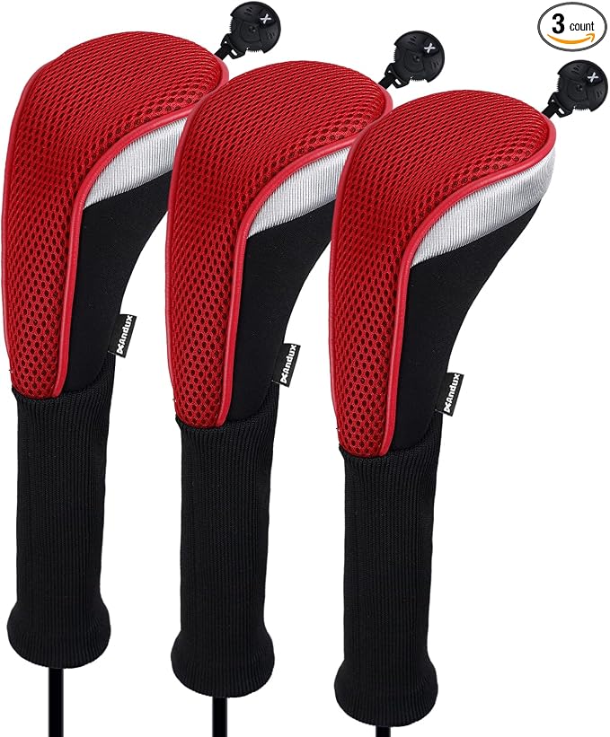 Andux 3pcs Long Neck Golf Hybrid Club Head Covers Dial No. Tag CTMT-02 | Mesh Breathable material | all the Same Size | Coloured Piping | Pull-On Closure