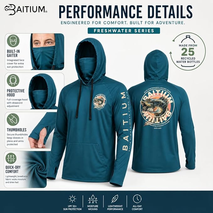 Fishing Shirts for Men,UPF50 Hooded Long Sleeve with Gaiter, Sun Protection Dry Fit Apparel, Face Mask, Fishing Clothes