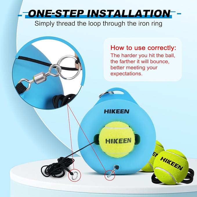 Hikeen Premium Tennis Trainer Rebound with Metal Base,Portable Solo Tennis Trainer Set with 3 Highly Elastic String Balls,Tennis Practice Equipment for Adult Kids an Beginners