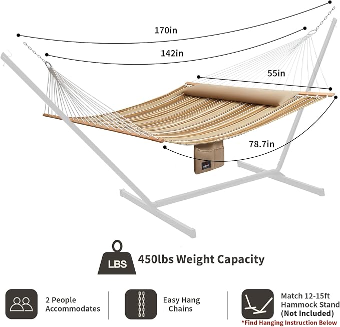 Double Quilted Fabric Hammock with Hardwood Spreader Bars and Pillow 450 LBS Capacity 2 Person Large Hammock for Outdoor Patio Backyard Poolside - Brown Stripe