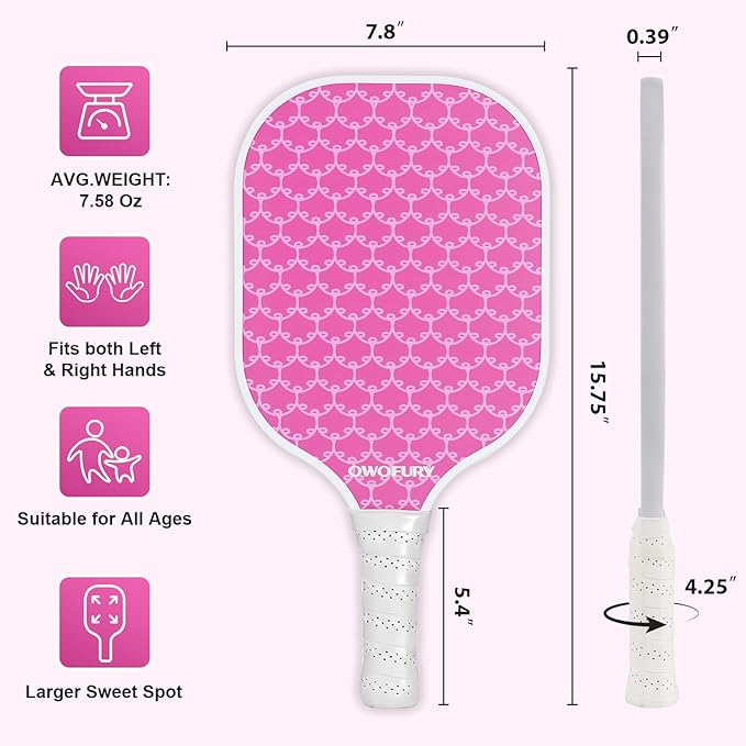 Fiberglass Pickleball Paddles Set of 2, Pickle Ball Racket Lightweight Honeycomb Core Control Paddle, with 4 Indoor Outdoor Balls and Bag for Men Women