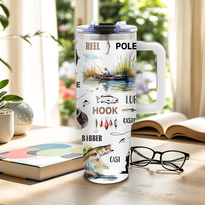 DUUV Fishing Tumbler 40oz, Insulated Fish Cup Gift for Dad Boy Man | Just a Who Loves Fishing Tumbler Leakproof, Fish Print Water Bottle, Birthday Fathers Day Ideal Gift for Fisherman, 1 Pack