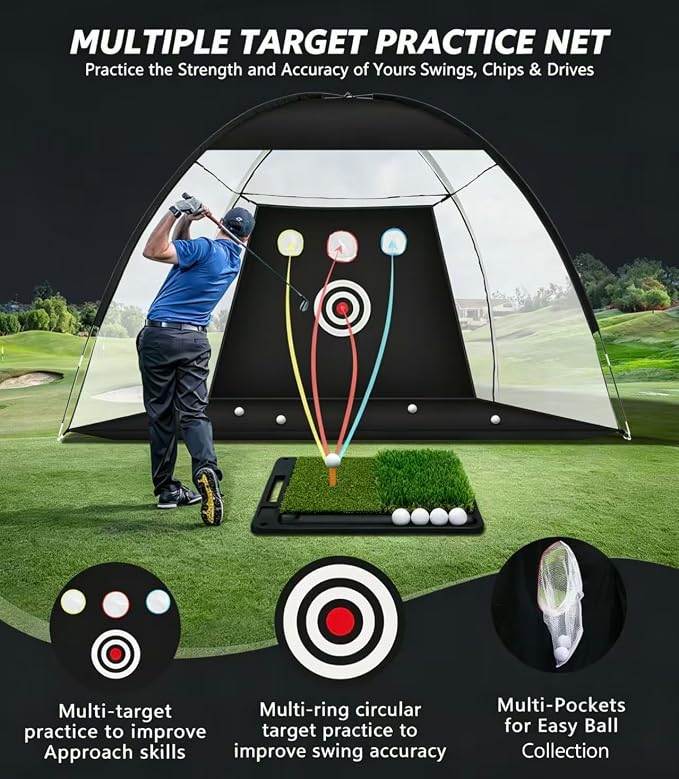 Golf Net: 10x7FT Practice Net with Mat – for Chipping, Swing & Driving Practice –Golf Nets for Backyard, Indoor & Outdoor Use – Ideal Gifts for Men, Women, Dad, Husband, Golfers