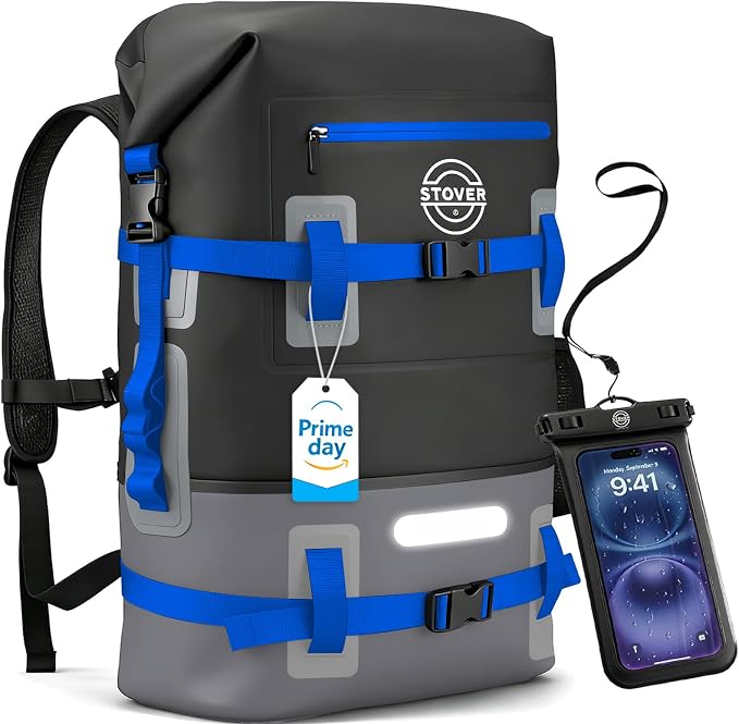 STOVER 55L Waterproof Dry Backpack & Phone Case - 2XL Floating Dry Bag for Kayaking, Travel, Hiking, Fishing, Camping, Motorcycles & Beach, Heavy-Duty Roll Top Men/Women (Black/Grey/Blue)