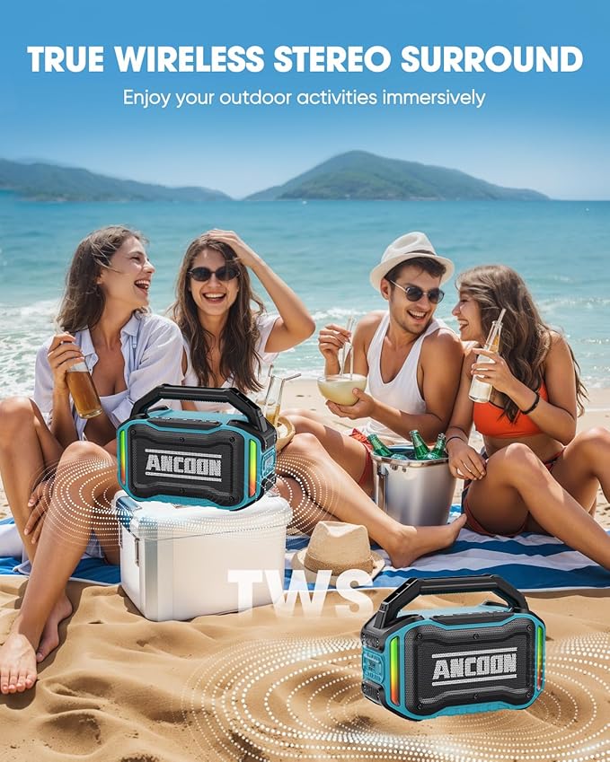 ANCOON Speakers Bluetooth Wireless: 80W(Peak) Loud Speaker with Bass, 20H Playtime, IPX6 Waterproof, Large Jobsite Speakers for Work, Outdoor, Workshop, Garage, Portable Speaker with TWS (Sky Blue)