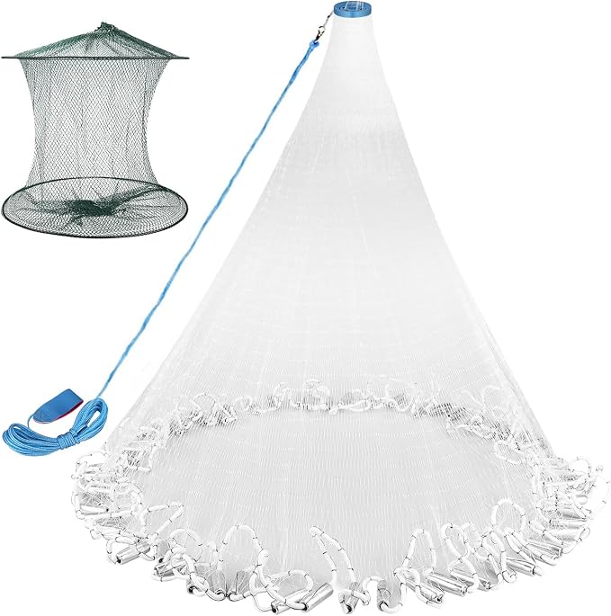 Neween Cast Net for Fishing with Shrimp Cage, American Freshwater Saltwater 3/4/5/6/7/8/9/10Ft Radius Casting Net Bait Trap Fish, Heavy Duty Zinc Sinker, 3/8 Inch Mesh Size