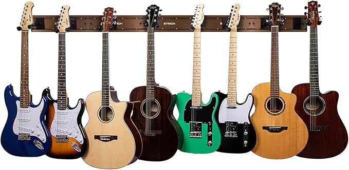 STRICH Guitar Wall Mount Hangers for Multiple Guitars, Holds 8 Guitars, Walnut Wood Grain, Strong Aluminum Metal Guitar Stand Rack Bass Holder, Adjustable Instruments Display Set, SMH-08W