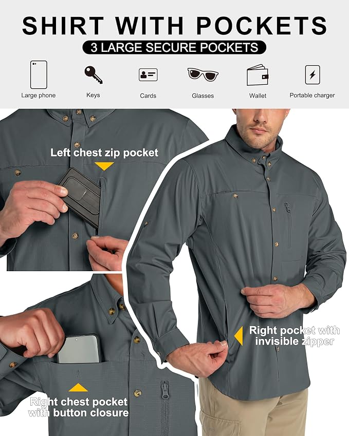 33,000ft Men's UPF 50+ UV Protection Long Sleeve Hiking Shirts Breathable Quick Dry Fishing Shirts for Safari, Outdoor