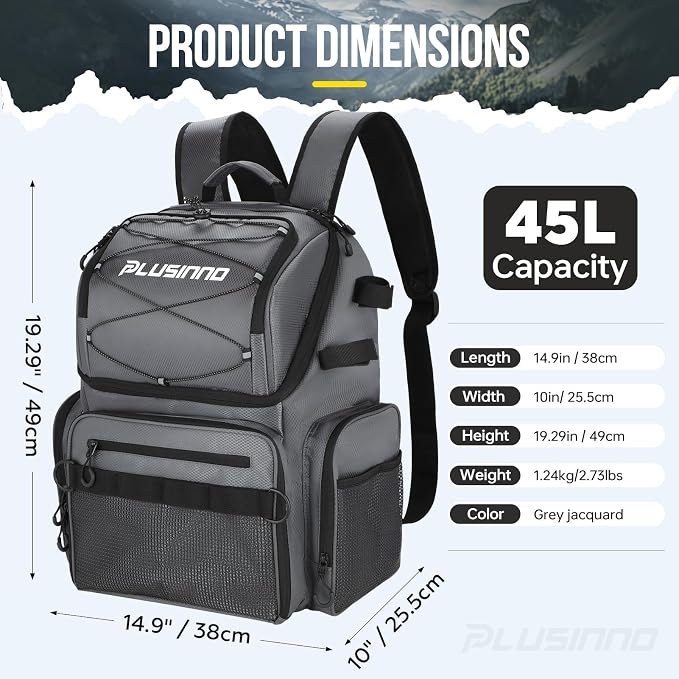 PLUSINNO Cooler Fishing Backpack with Rod Holders 45L Large Water-resistant Fishing Tackle bag Store Fishing Gear Fishing Gifts for Men Father