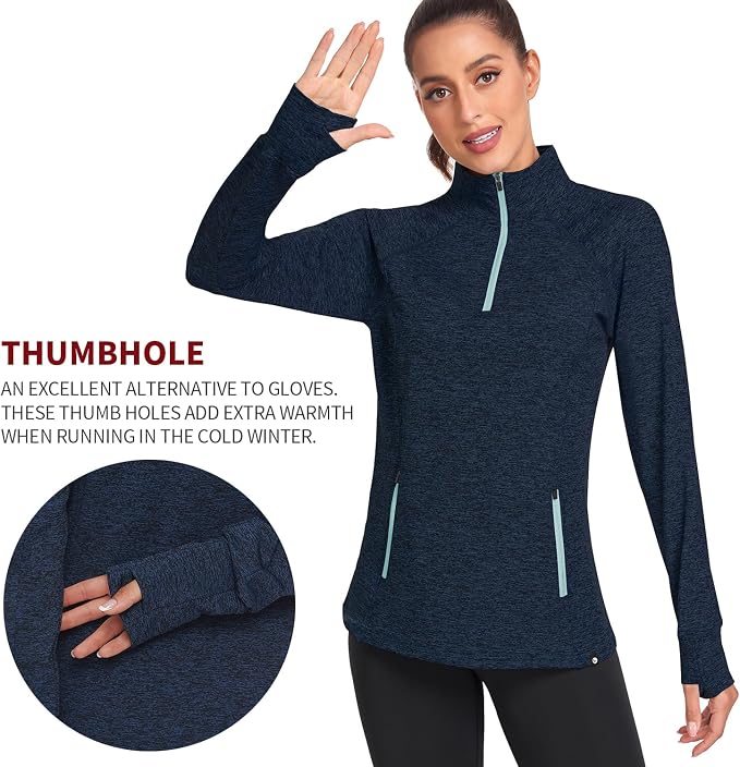 Soneven Women's Thermal Fleece Running Shirts Warm Winter Pullover Cold Weather Workout Hiking Tops with Thumb Holes Pockets