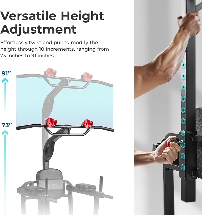 Sunny Health & Fitness Power Tower Dip Station & Pull-Up Bar, Multi-Function Strength Training Equipment with Captain’s Chair, Push-Up Bars & Core Workout for Home Gym