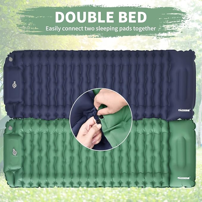 Camping Sleeping Pad, Connectable Design for Double Mat, Ultralight Inflatable Sleeping Mat with Pillow, Built-in Foot Pump, Portable Camping Air Mattress for Backpacking Hiking Tent (Green)