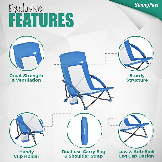 SUNNYFEEL Low Folding Beach Chair for Adults, Portable Lightweight Sling Beach Camping Chairs with Cup Holder, Armrest,Foldable Camp Lawn Chair for Outdoor Sand Concert Travel Sport Events,300LBS