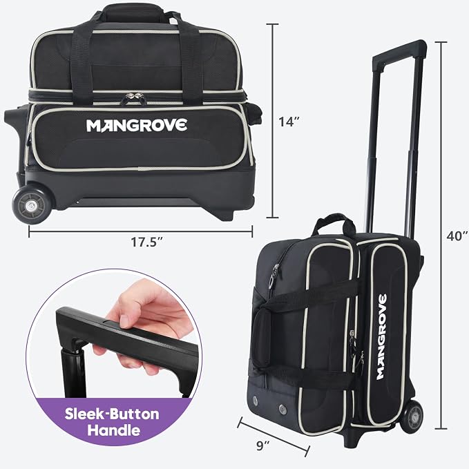 Mangrove 2 Ball Bowling Bag with Wheels, Double Bowling Bags 2 Ball Roller w/Separate Compartment for Bowling Shoes (Up To US Mens Size 15), Accessory Pocket & Retractable Handle Extends To 40"