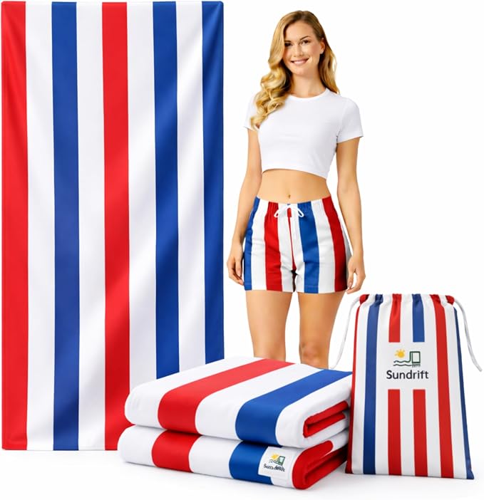 Oversized Microfiber Beach Towel 71x36 Inch, Quick Dry Sand Free Travel Towel, Lightweight Sueded Beach Blanket for Pool, Camping, Yoga & Beach Trips (Red/White/Blue)