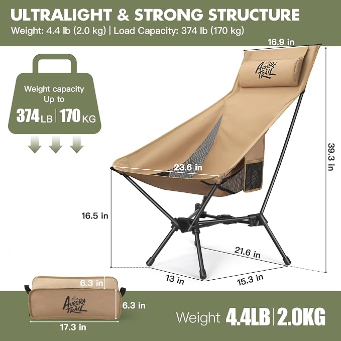 AuroraTrail High Back Folding Camping Chair with Pillow – Lightweight Portable Outdoor Chair with Cup Holder & Carry Bag, Sturdy Aluminum Frame Supports up to 374 lb for Camping, Hiking & Festivals