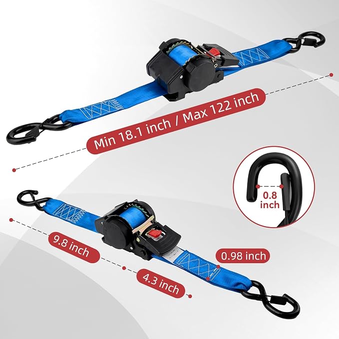 Retractable Ratchet Tie-Down Straps 1800 lbs, 1in × 10ft Auto Retract Cargo Straps with Zinc S-Hooks, Self-Retracting Tie Downs for Trucks, Roof Racks & Trailers, 2 Pack, Blue, Damped Rewind