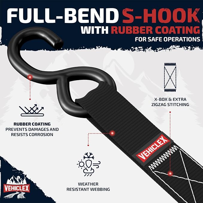 Ratchet Tie Down Straps (1,800 lbs Break Strength) - Vehiclex 15 Ft Versatile Straps for Powersports, Garage, and Outdoor Use - Soft Loops, Deep S-Hooks & Comfort Grip Handle (4 Pack, Black)