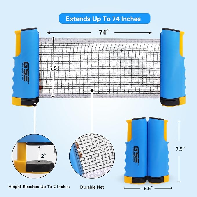 GSE Games & Sports Expert Adjustable Retractable Ping Pong Net Set & Post. Professional Table Tennis Rackets and Balls, Net with Posts and Storage Bag - Pingpong Paddle and Game Table Accessories. | Adjustable