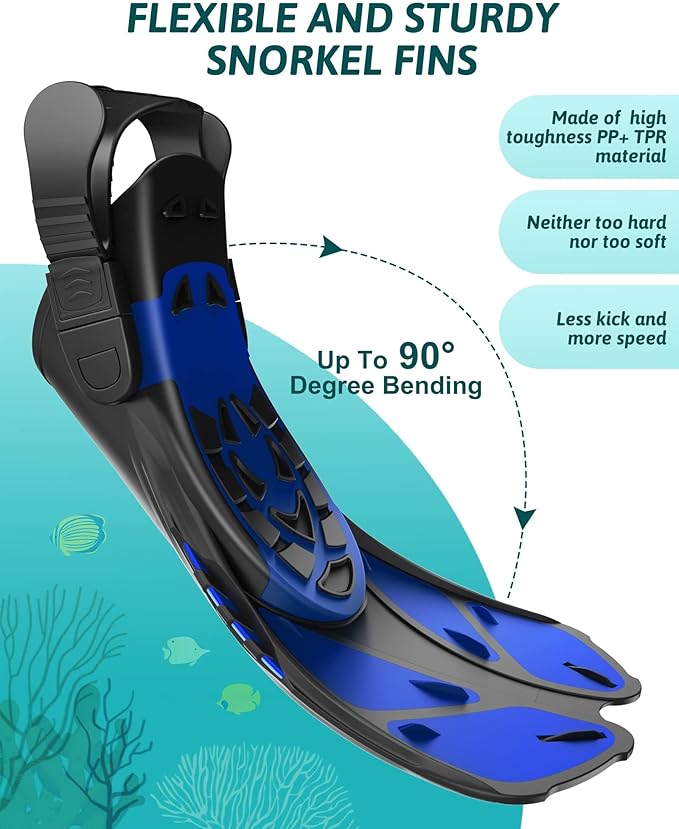 Viginsul Mask Fins Snorkeling Gear for Adults, Full Face Snorkel Mask & Adjustable Swim Fins Snorkel Set, Panoramic View Snorkel Mask Dry Top Anti-Fog Anti-Leak