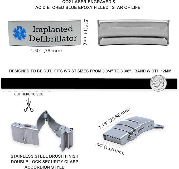 Universal Medical Data Alert Bracelet - Adjustable Fit, Implanted Defibrillator Medical ID Band - Silicone Medic Alert Bracelet with Emergency Card & Health Record, Visible, for Men & Women - Black