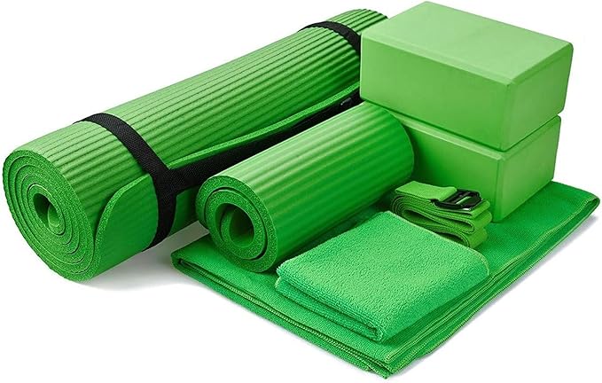 BalanceFrom 7-Piece Yoga Set with 71x24x0.5 Inches Extra Thick Mat and Carrying Sling – Includes 2 Blocks, Stretch Strap, 2 Towels, and Knee Pad for Home, Studio, and Gym Workouts