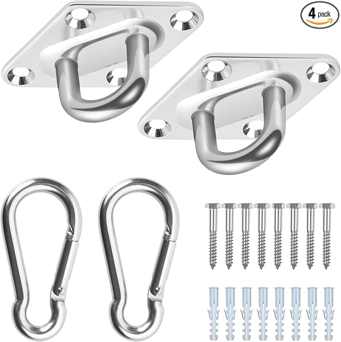 Albo Diamond Plate 2650lbs Swing Hangers 2 PCS - Heavy Duty Ceiling Mount Hooks with Snap Carabiners, 304 Stainless Steel for Wood & Concrete & Metal, Indoor Outdoor Anchor for Hammock, Yoga, TRX