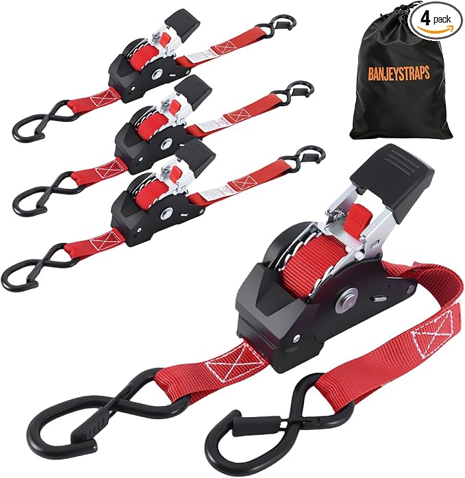 Ratchet Strap Retractable 1" x 10' - 4 Pack, Auto Self Retracting Tie Down Straps with Heavy Duty Ratchet (1540lbs Break Strength), for Motorcycle, ATV, UTV, Truck Cargo