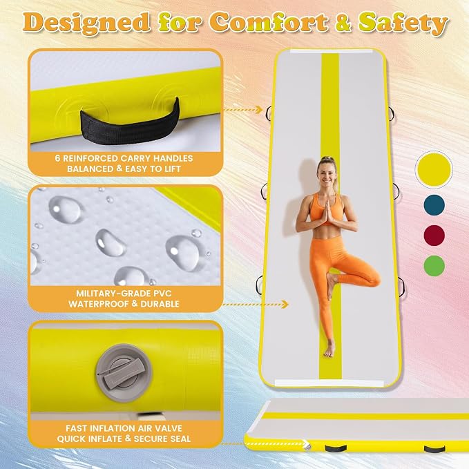 Tuxedo Sailor Inflatable Gymnastics Mat with Electric Pump, Storage Bag, Repair Kit–Air Mat for Home Training, Cheerleading, Yoga