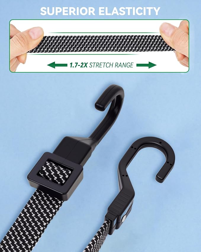 6 Pcs 80 Inch Flat Adjustable Bungee Cords with Hooks, 3X Faster to Adjust The Length, Lucky Straps Black Heavy Duty Bungee Straps for Cargo, Bike, Cart, Tent, Truck, Camping, Outdoor, etc