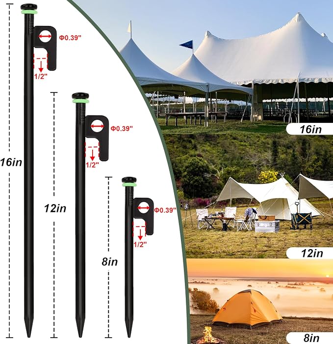 16Pcs Tent Stakes, 16in Heavy Duty Tent Stakes with Storage Pouch, Dia 0.35" Forged Steel Stakes for Tent Used on Rocks, Grassland, Snowfield(16Pcs 16in Stakes)