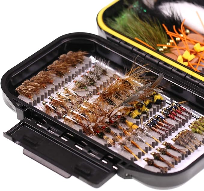 Wifreo Fly Fishing Flies Assortment with Waterproof Fly Box, 28/40/64/92/120pcs Dry/Wet/Nymph/Streamer Flies, Trout/Bass/Panfish/Salmon Fishing Flies