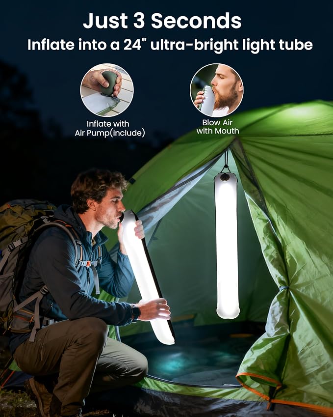 24" Inflatable Solar Camping Lantern,Magnetic LED Tube Light with USB-C 2000mAh Phone Charger,IP66 Waterproof TPU Tent Light for Hurricane Emergency,Backpacking & Off-Grid Survival (Black)