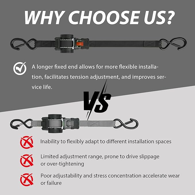 Retractable Ratchet Straps (2-Pack) - Heavy Duty Auto Slow Retraction Tie Down Straps - 1 Inch x 13 Feet (1,800lb Break Strength) for Truck, Cargo Trailer, Motorcycle, ATV, UTV - Black