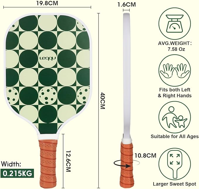 Fiberglass Pickleball Paddles Set of 2, Lightweight Pickle Ball Rackets Kit with Honeycomb Core Control Durable, 4 Outdoor Indoor Balls and Carrying Bag for Men Women